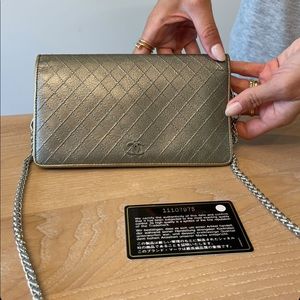 Authentic Gold / Silver Vintage Chanel (WOC) Wallet, with added chain